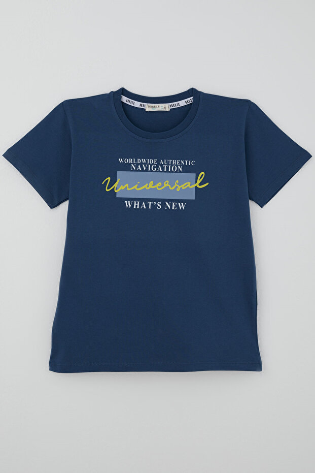 Boy's Short Sleeve T-Shirt with Colorful Text Print, Ages 9-14, Indigo