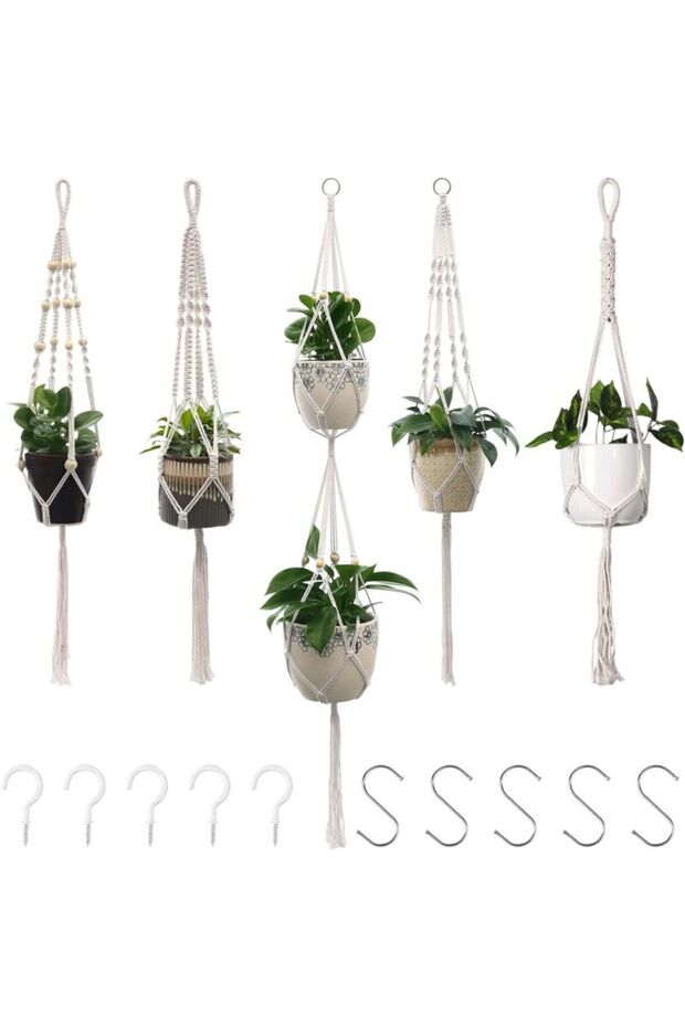 5-piece plant stand and plant support set. Includes woven hanging pots, cotton rope hanging baskets, flower pots, and hanging racks.