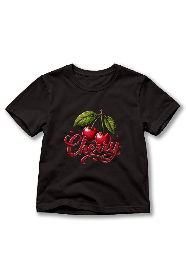 Girl's Cherry Printed Crew Neck Short Sleeve T-Shirt
