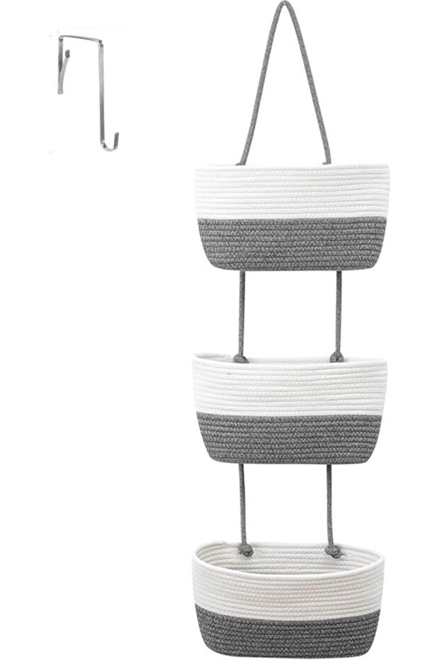 3-Tier Hanging Door Cotton Rope Basket Wall-Mounted Room Storage Organizer