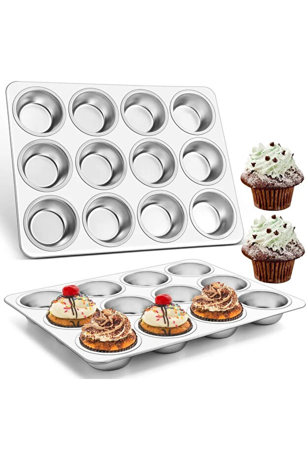 12-cavity non-stick stainless steel muffin pan, suitable for home ovens, 2-pack.