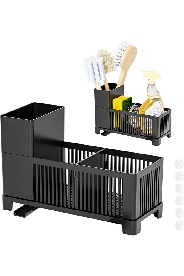 Plastic Kitchen Sink Sponge and Brush Holder with Automatic Drain Tray