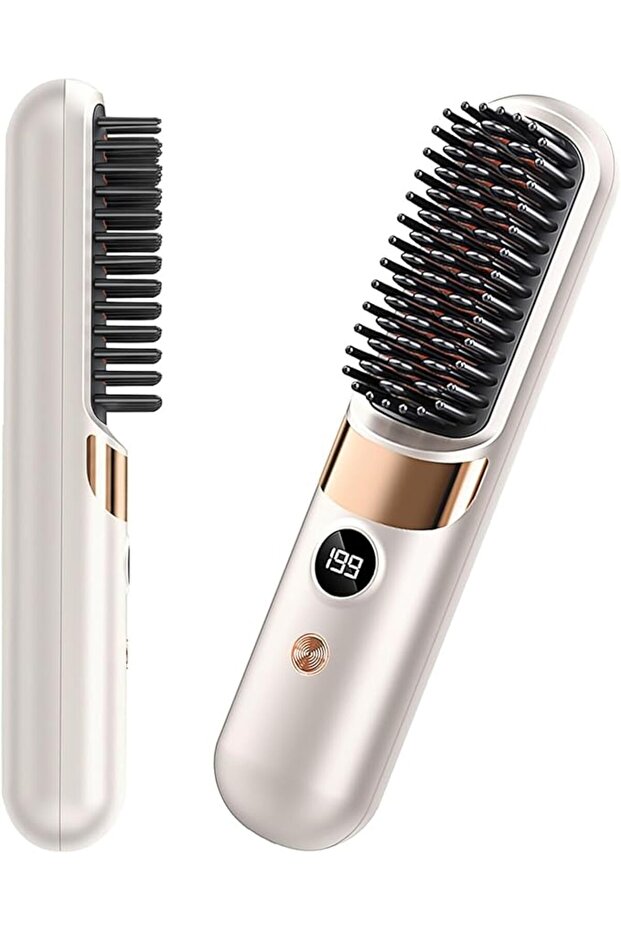 Portable Cordless Hair Straightener Brush with 4 Temp Modes & LED Display (White)