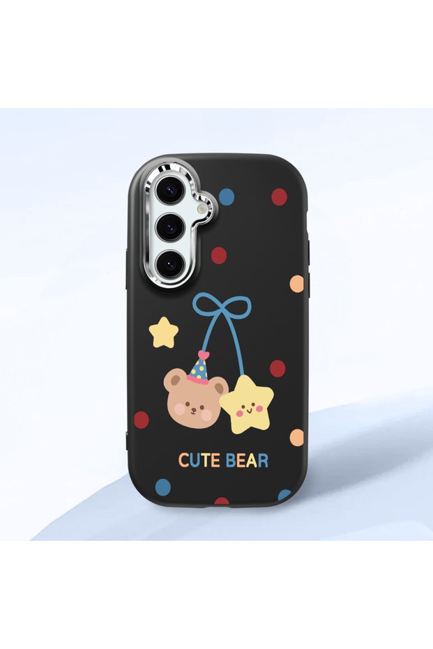 Samsung Galaxy S25 Compatible Case Camera Protector Black Silicone Couple Phone Case Bear Patterned
