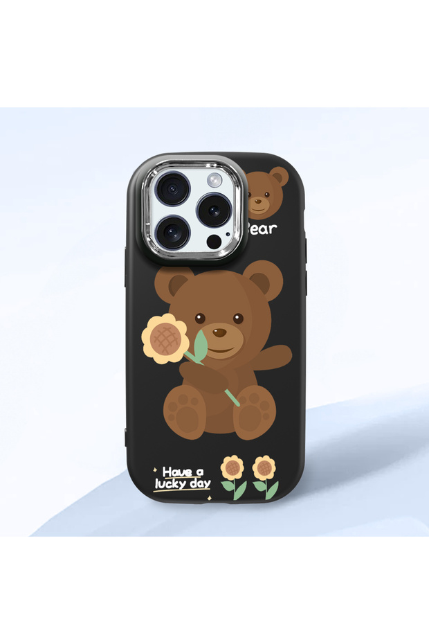 iPhone 15 Pro Compatible Case with Camera Protection Black Silicone Couple Phone Case with Bear Pattern