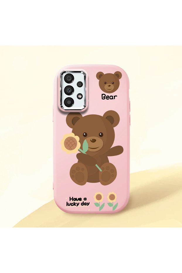 Samsung Galaxy A33 Compatible Case Camera Protector Pink Silicone Couple Phone Case with Bear Pattern