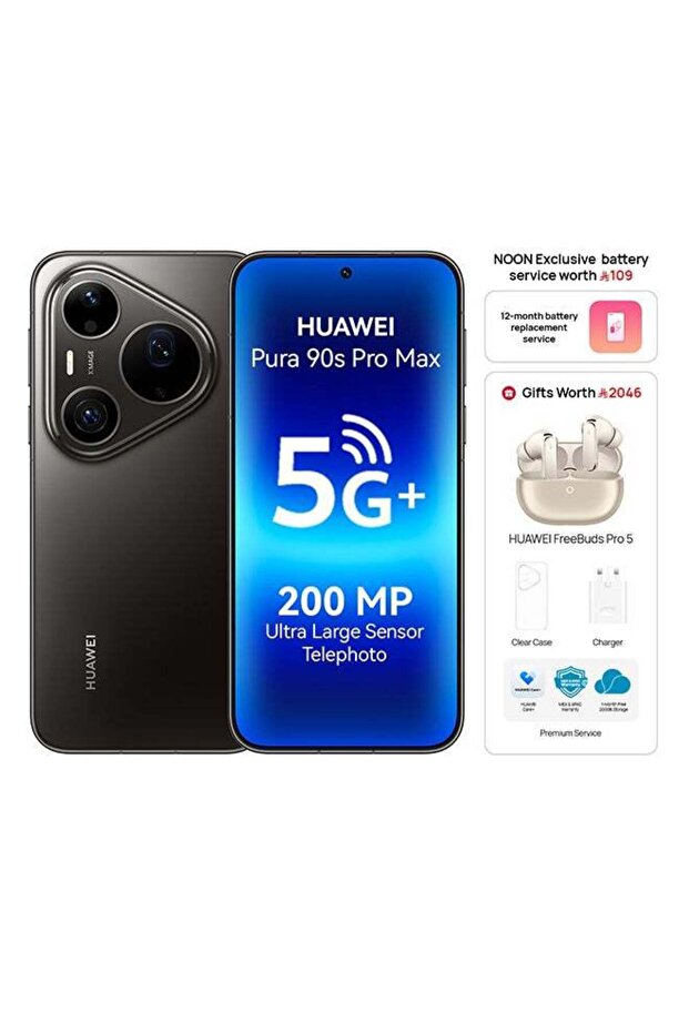 Pura 90s Pro Max 5G+ Dual SIM Graphite Black 12GB RAM 512GB with FreeBuds Pro 5 & Charger & Clear Case & Premium Service - Middle East Version