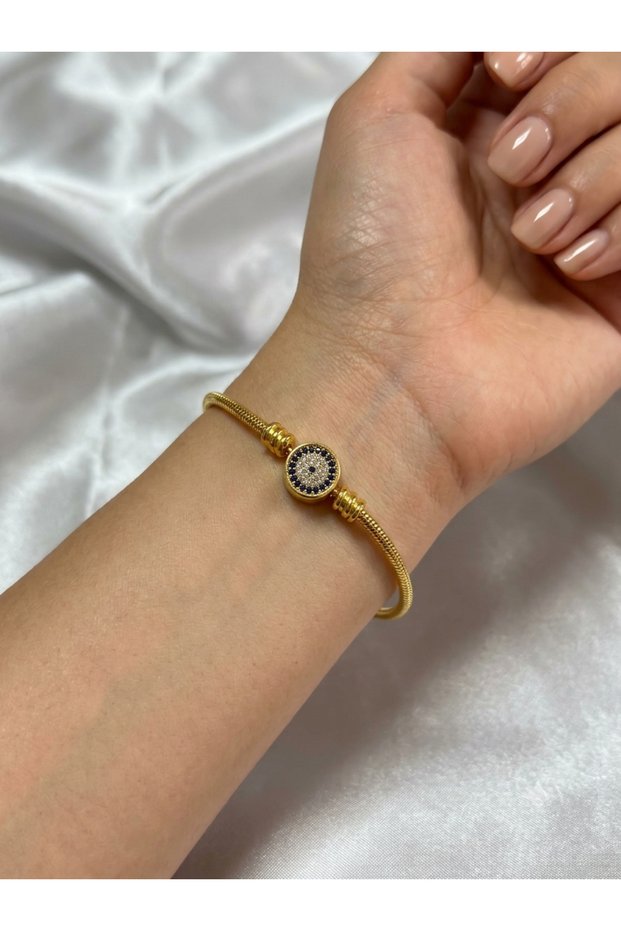 Women's Gold Plated Steel Evil Eye Bead Zircon Stone Snake Chain Charm Bracelet