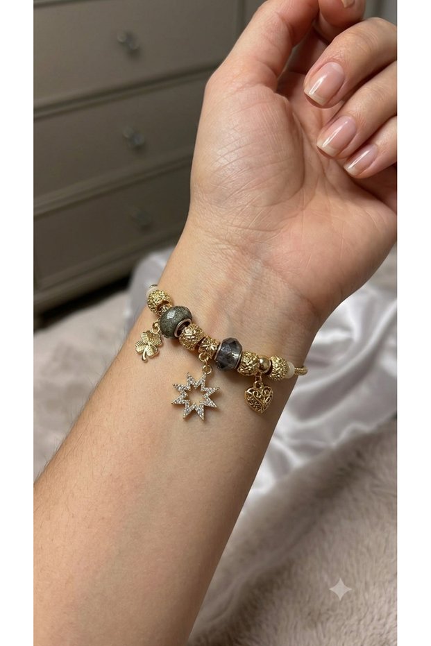 Women's Gold Plated Steel Charm Bracelet with Smoked Beads, Modular Bracelet with Pole Star, Clover and Heart Figures