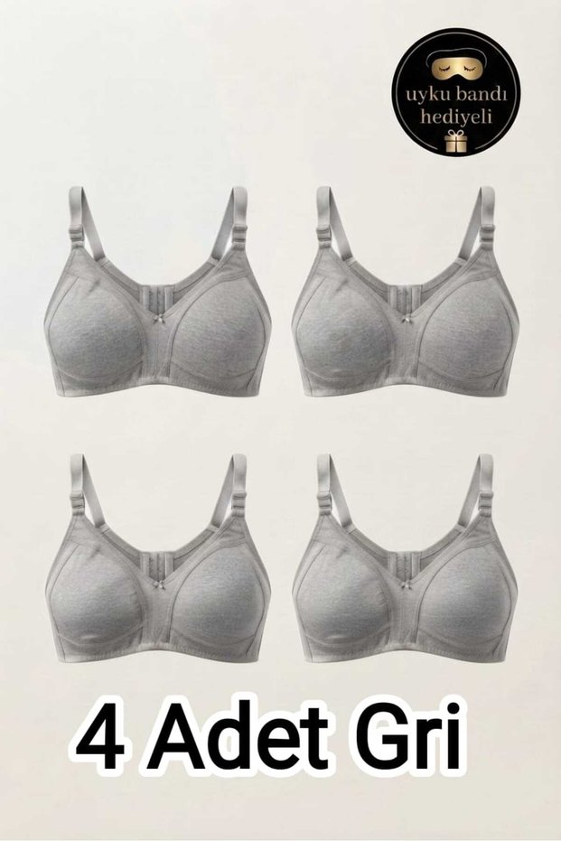 Pack of 4 Gray Women's Cotton Seamless Non-Sponge Non-Wire Gathering Bras - Non-Marking Minimizer Bra + Sleep Band as a Gift