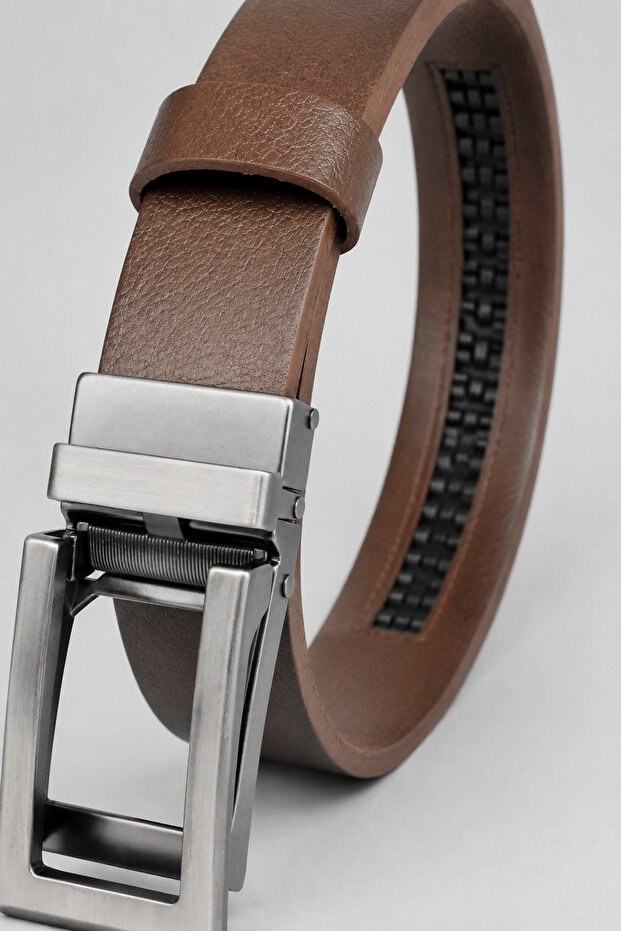 Genuine Buffalo Leather Men's Belt with Automatic Buckle and No Holes - Light Brown