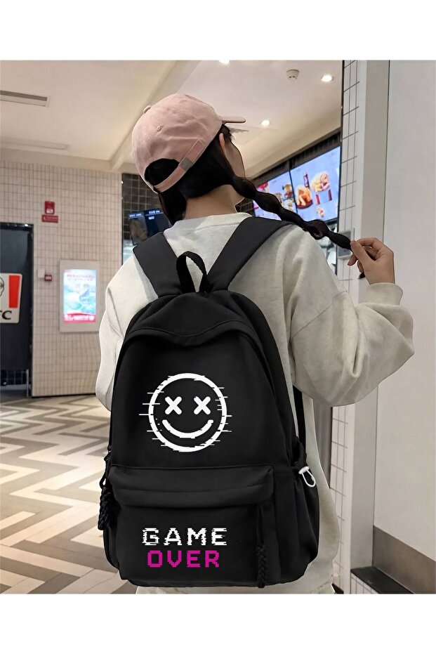 حقيبة ظهر مدرسية، حقيبة دراسية، حقيبة للفصول الدراسية مطبوعة باللون الأسود من Game Over