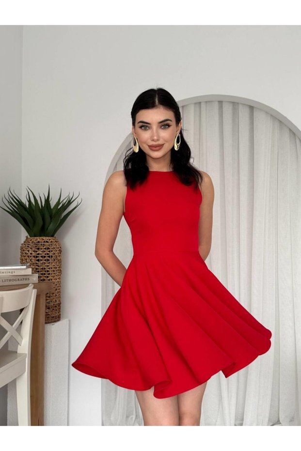 Women's Red Mini Dress with Crew Neck, Sleeveless, Pockets, Flared Skirt, Stylish Design