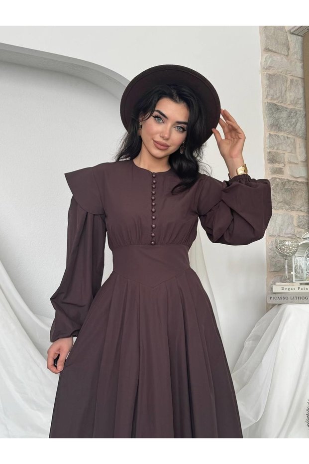 Women's Coffee Color Midi Dress Balloon Sleeve Shoulder Flounce Button Detail Poplin A-Line
