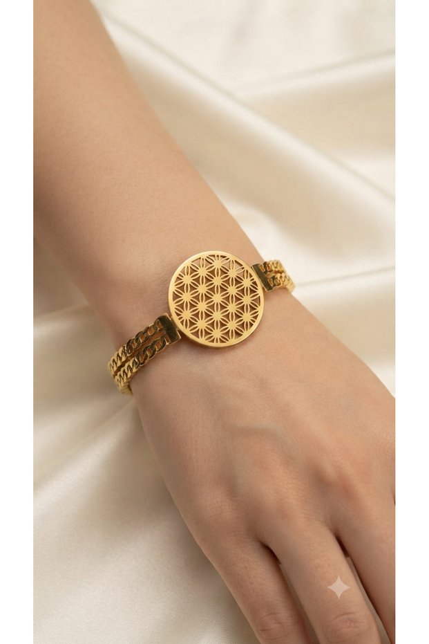 Flower of Life Patterned Gold Color Stainless Steel Handcuff Bracelet – Women's Steel Bracelet