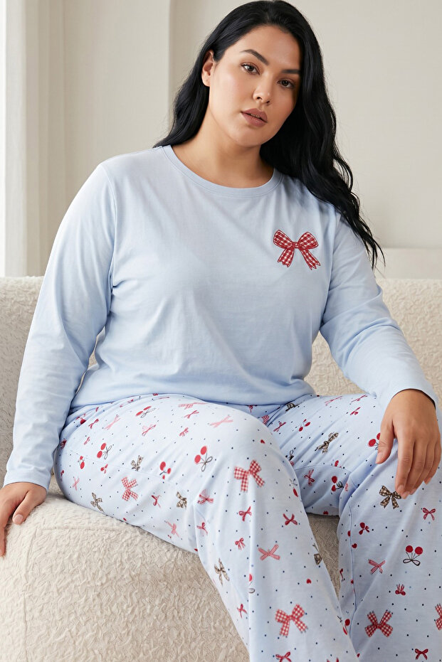 Blue Patterned Embroidered Cotton Lycra Large Size Oversized Knitted Pajama Set26240874