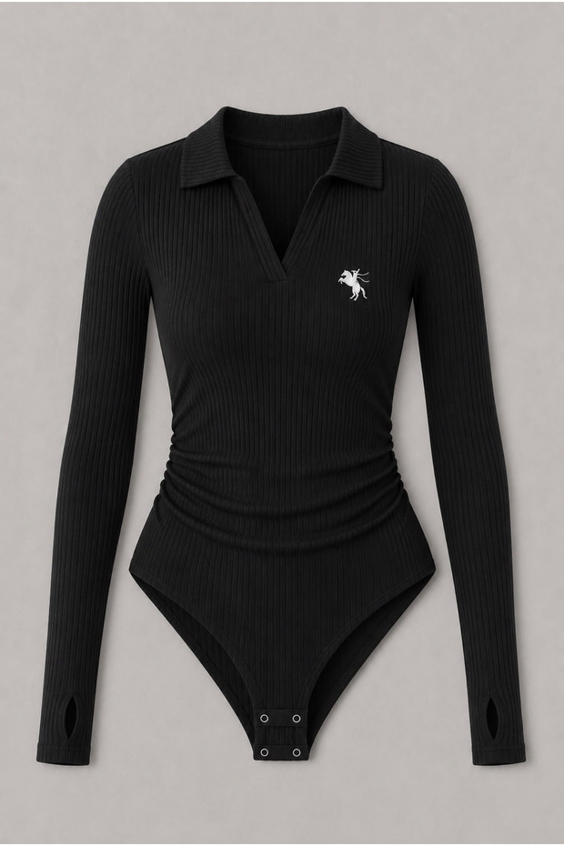 Polo Collar Long Sleeve Ribbed Lycra Premium Bodysuit