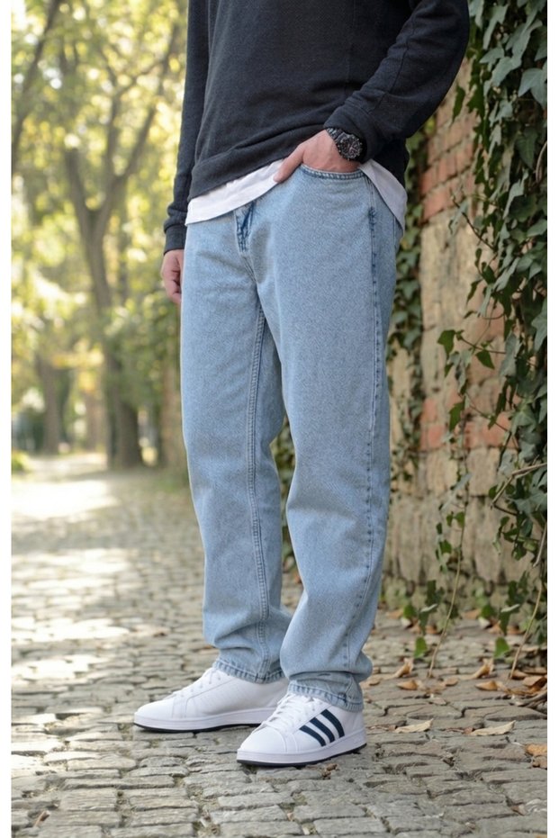 Men's Ice Blue Relaxed Fit Baggy Denim Jeans – 100% Cotton Wide Leg Jeans