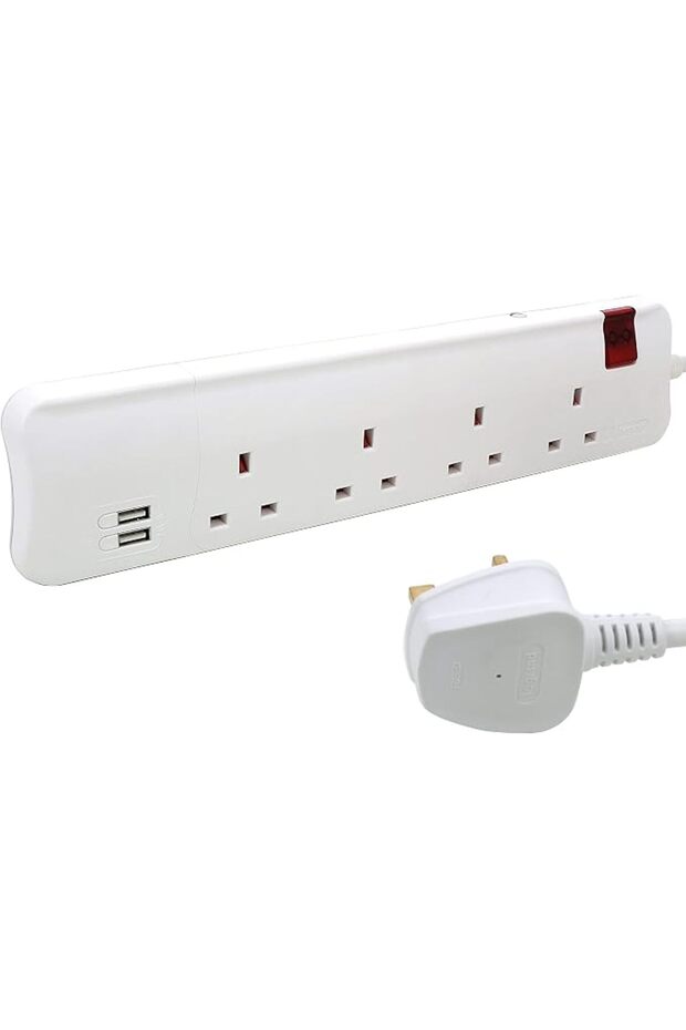 وصلة تمديد كهربائية متعددة المنافذ بمعيار بريطاني مع منفذين USB ومؤشر LED، طول الكابل 3 أمتار، باللون الأبيض