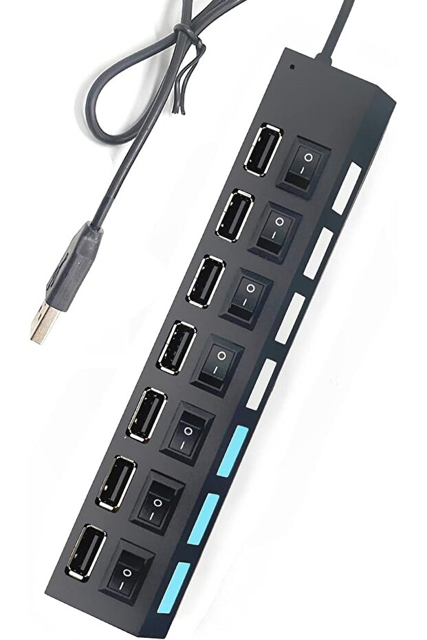 موزع USB متعدد المنافذ، محول USB 2.0 بـ 7 منافذ للابتوب، موسع منافذ USB مع أزرار تشغيل/إيقاف فردية