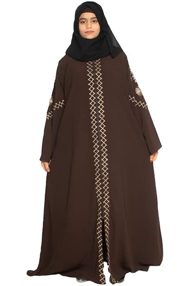 MODEST CITY Self Design Front Open Zip Embroidered Bottle Green Crepe Fabric Abaya or Burqa with Hij