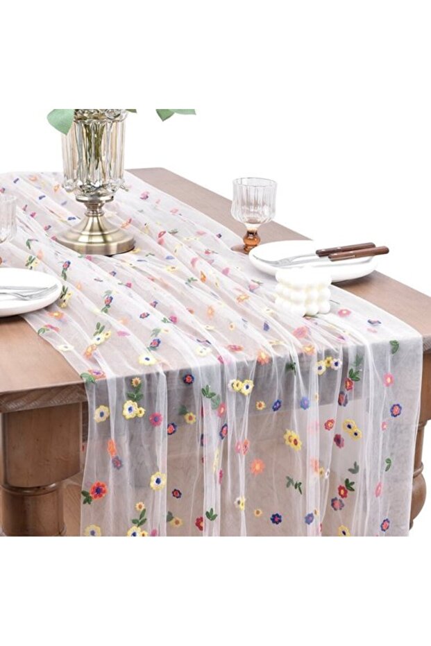 Table runner 72 x 300 cm – White tulle embroidered with daisies – Elegant floral table runner weddings, parties, and table decora...