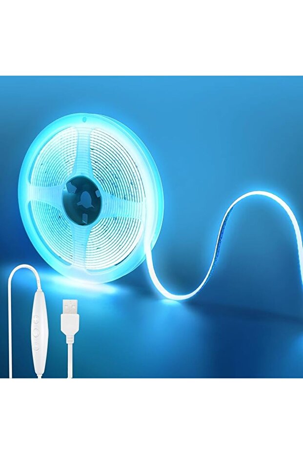 شريط إضاءة LED بتقنية COB بجهد 5 فولت USB مع مفتاح للتحكم في السطوع، 9.84 قدم/3 متر، أبيض دافئ 3000 كلفن، 320 مصباح LED لكل متر، عرض 8 مم، غير قابل للانحناء