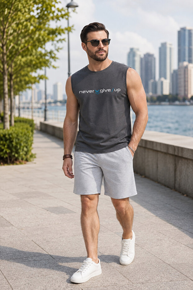Men's Regular Cut 100% Cotton Crew Neck Sleeveless Elastic Pocket Pajama Set Anti-Sweat