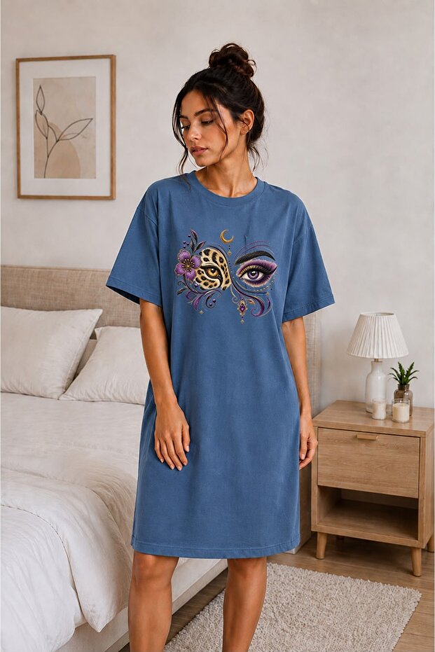 Leopard Eye and Purple Floral Patterned Oversize Extra Long Tunic T-Shirt