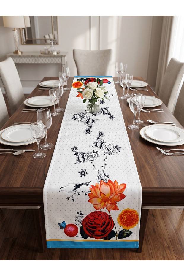Decorative Runner with Bird and Flower Pattern - 40X140 cm