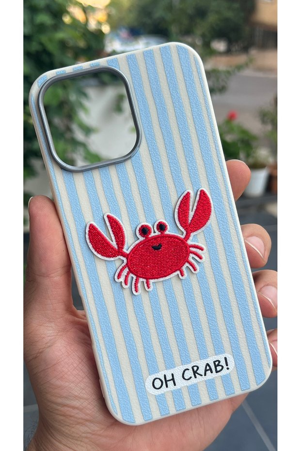 iPhone 14 Pro Max Compatible - Crab Embroidered, Striped Silicone Soft Touch Soft Phone Case