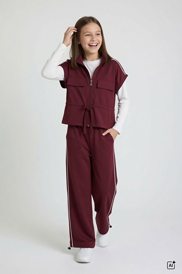 Burgundy Girls' Zippered Zero-Sleeve Vest Wide-Leg Bottom 3-Piece Set 24774