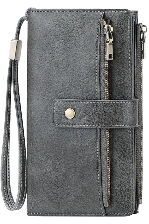 Women's large wallet brown/white RFID vintage PU zipper.