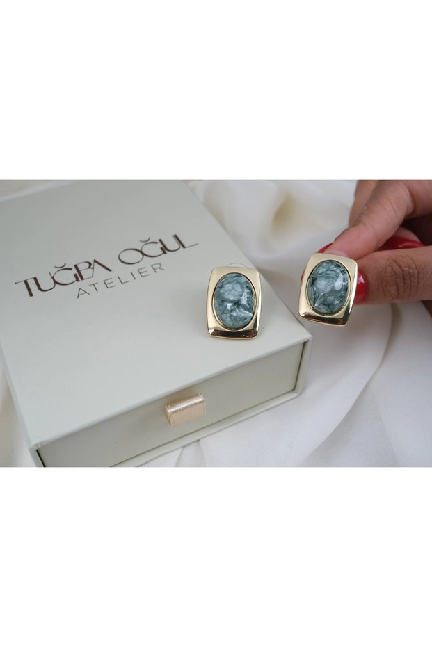 Kp681 Blue Marble Pattern Oval Stone Earrings (Length 25 mm)