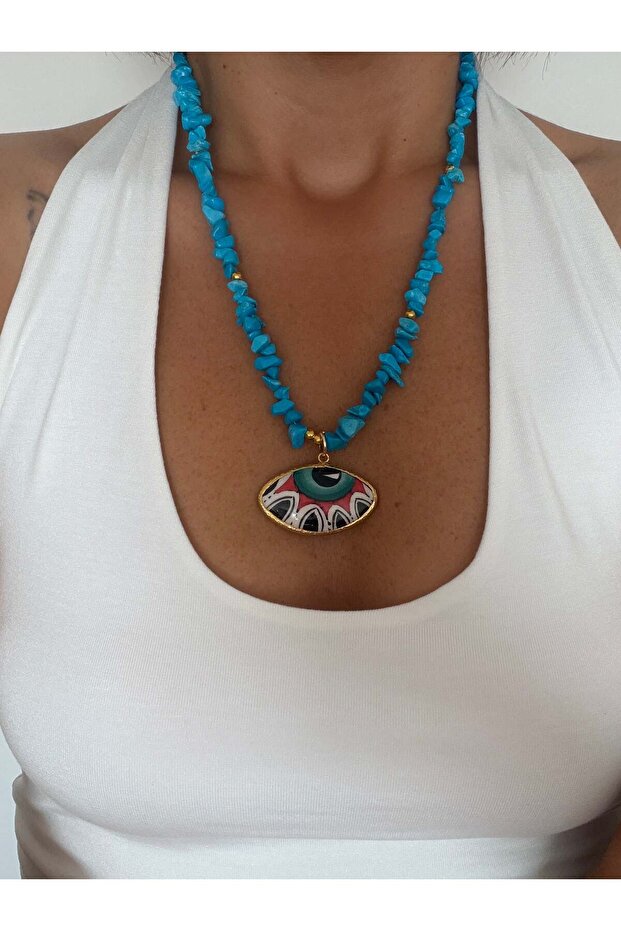 Handmade Broken Chain Eye Part Porcelain Fully Design Blue Color Necklace