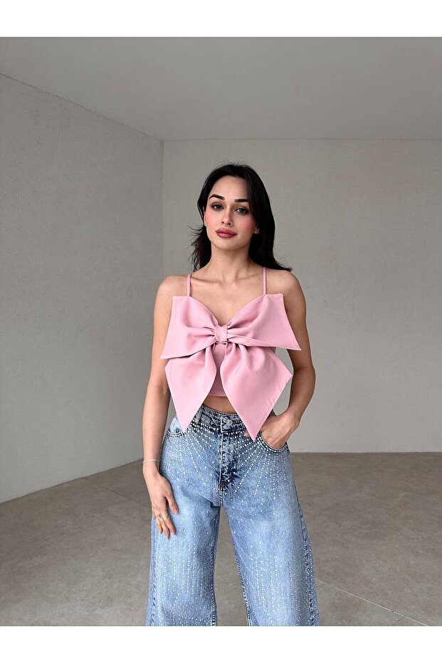 Women's Powder Bowknot Thin Strap V-Neck Satin Look Crop Blouse