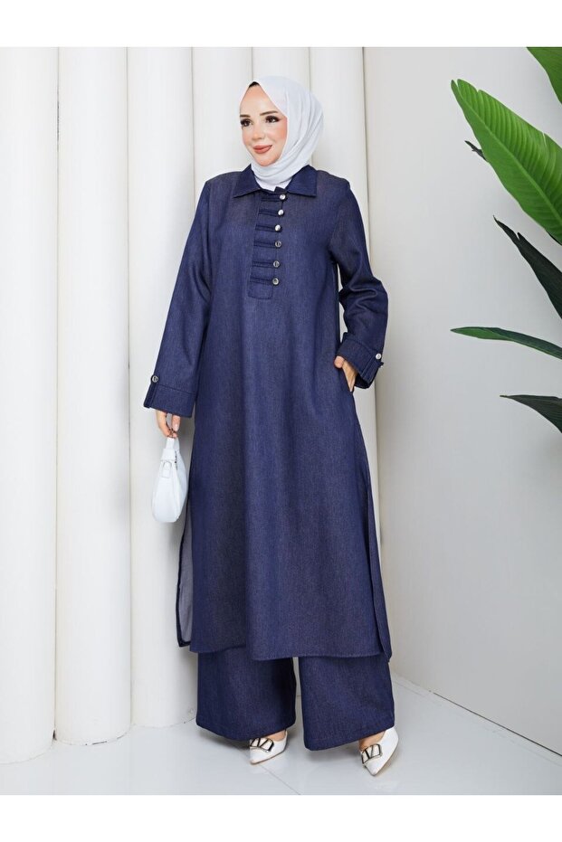 Meleni Women's Button Detailed Long Tunic and Trousers Plus Size Denim Two-Piece Set