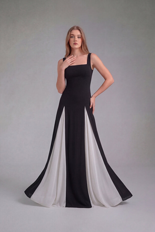 Women's Square Collar Chiffon Fabric Large Size Interspersed Long Evening Dress 8530 Black-White