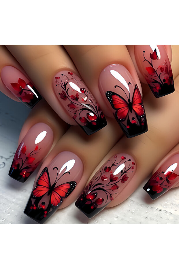 3450 Short Medium Fake Nails Purple Blue Red Brown Black Flowers Butterfly Fall Winter Square Ballet