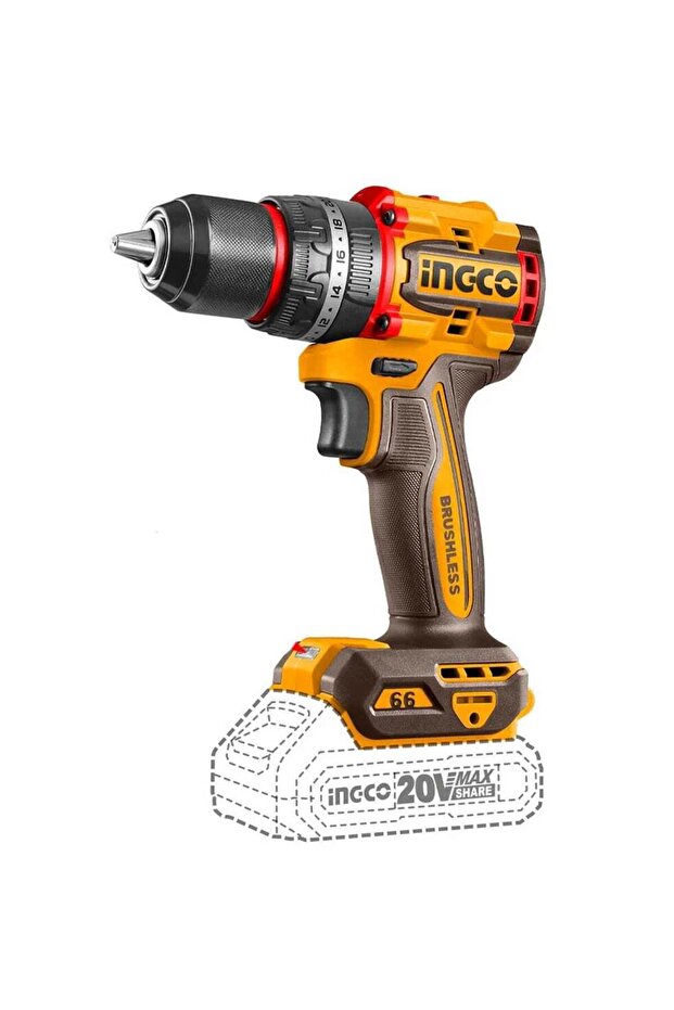 CIDLI20668 20V Brushless Impact Drill, 66Nm Torque, 13mm Metal Chuck, 2-Speed, LED Light