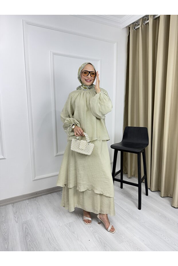 2098 Layered Skirt Detailed Balloon Sleeve Three-Piece Set