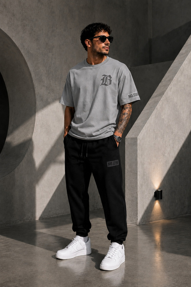 089 Print Detailed Oversize Cotton T-Shirt Tracksuit Set