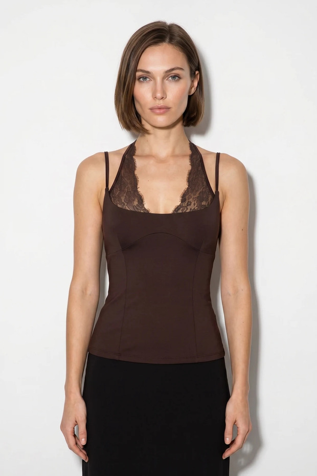 Women's Lace Detailed Halter Neck Snap Fastener Bitter Brown Blouse