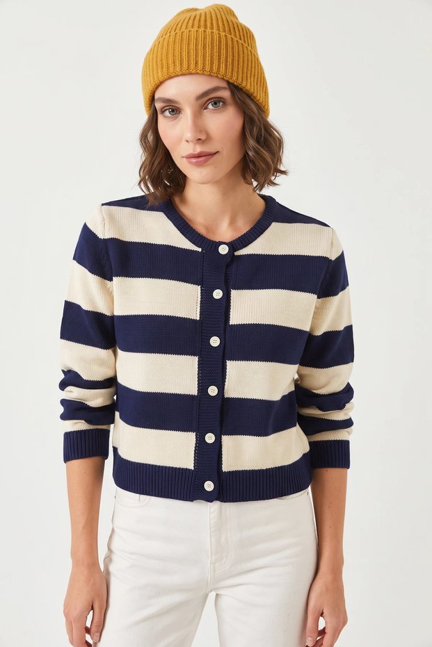 Women's Striped Knitwear Navy Blue Ecru Cardigan