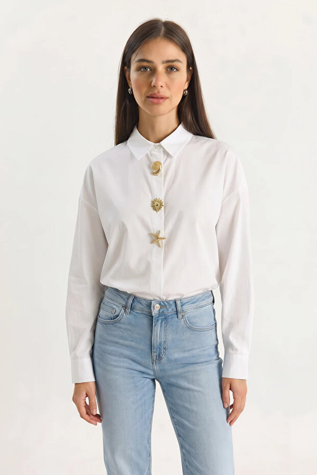 Women's White Shirt with Gold Button Accessories