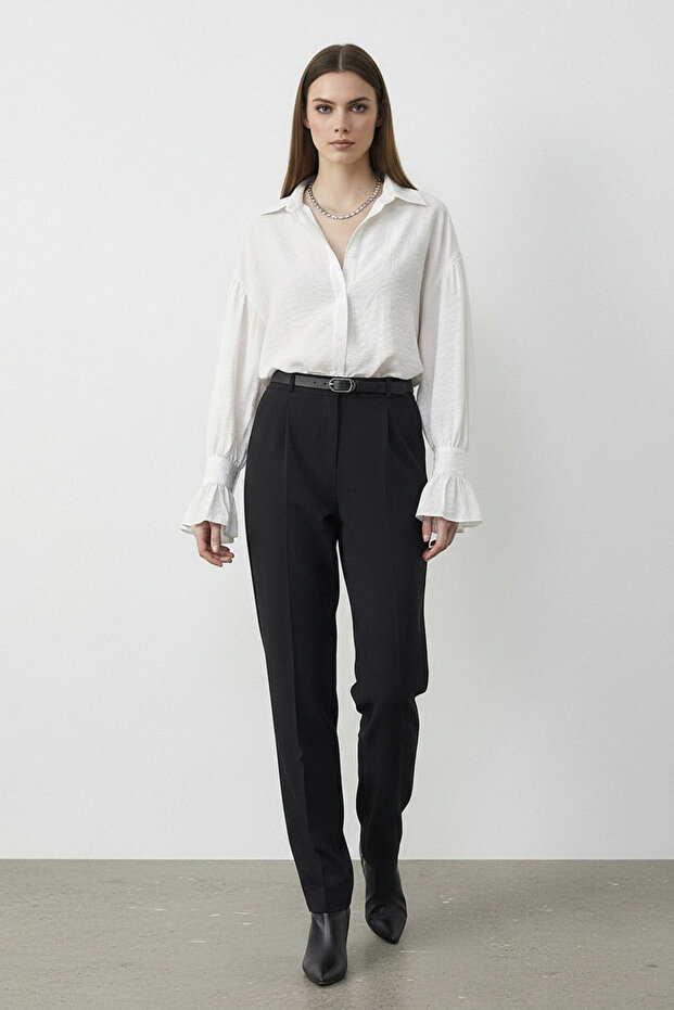 Women's Oversized White Shirt with Ruffle Cuff Detail