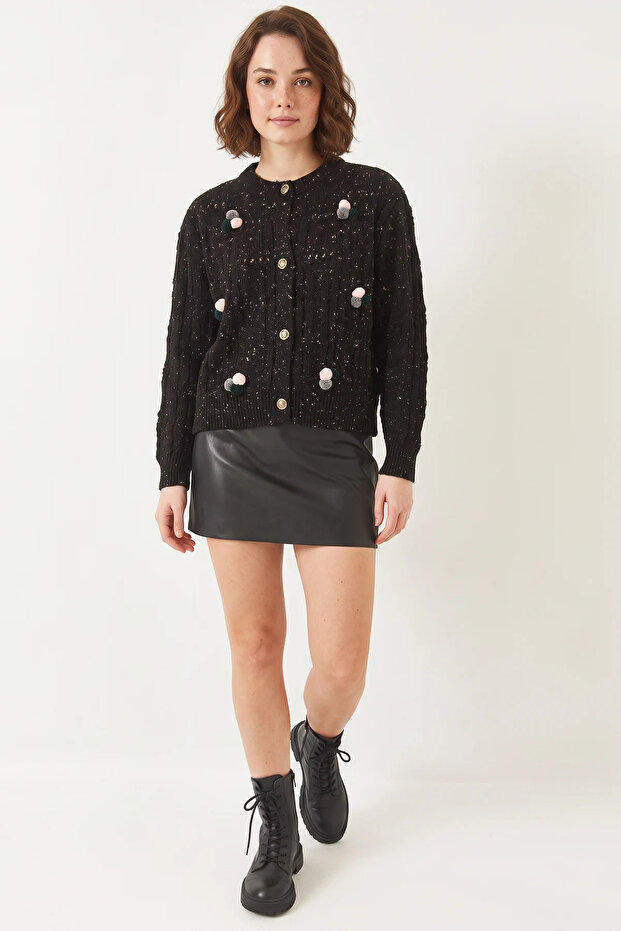 Women's Pompom Patterned Knitwear Black Cardigan
