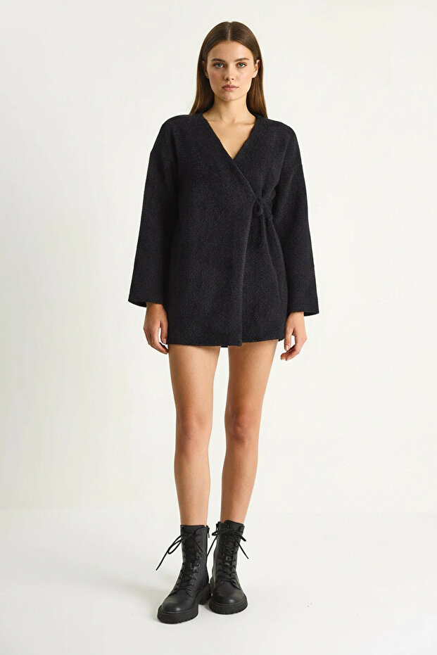 Women's Double-Breasted Side-Tie Soft Textured Knitwear Kimono Black