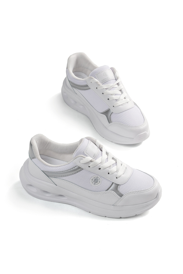 Women's White Silver Faylon Sole Comfortable Lace-Up Sneaker