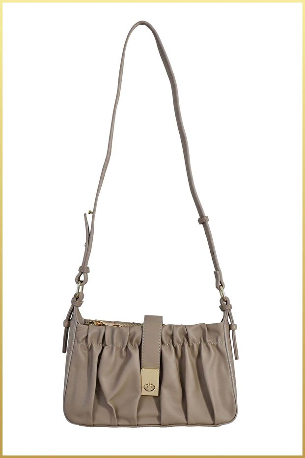 Rima Women's Drawstring Model Hand and Shoulder Bag with Buckle Detail - Mink